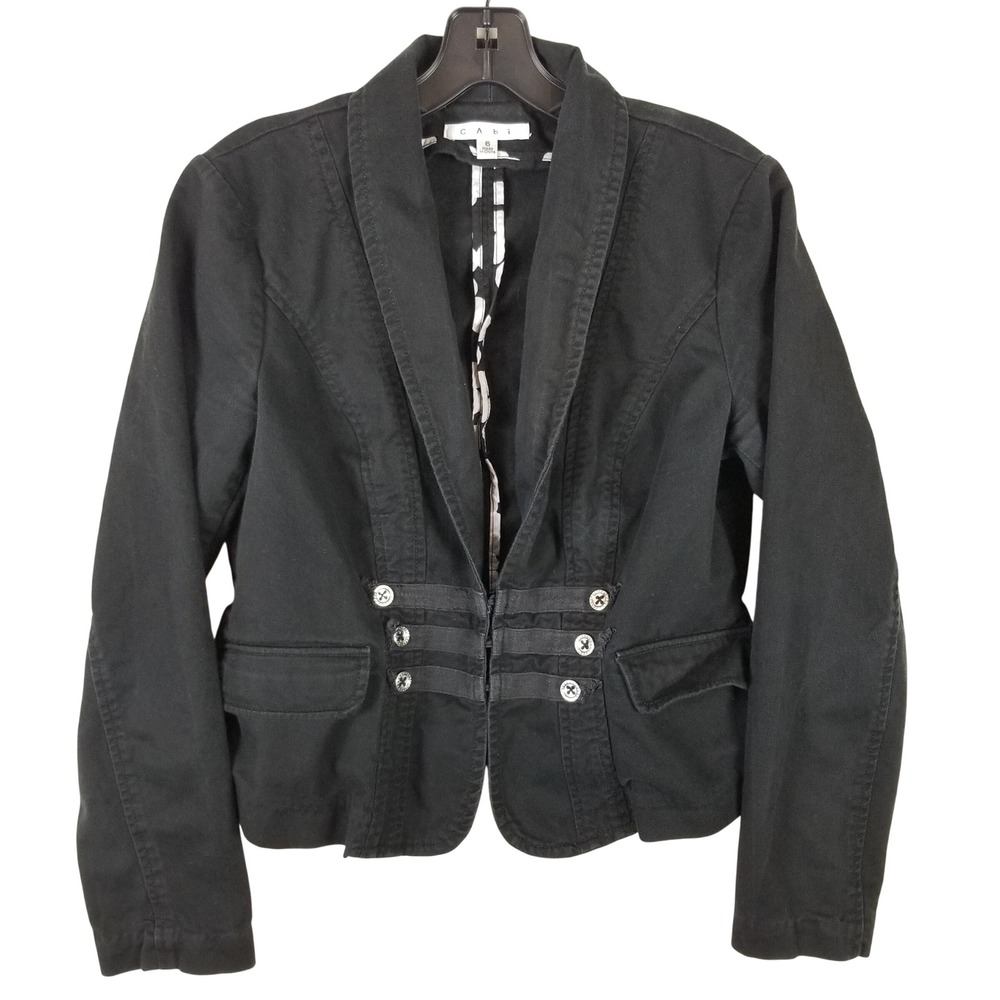 Cabi Black Military Blazer Jacket Hook Eye Closure Polka Dot Lining 329 Womens 6